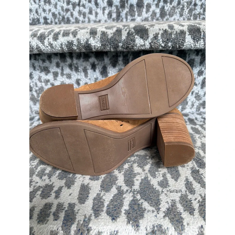 Toms Majorca Tan Suede Laser Cut Peep Toe Block Heel Booties Women 8.5